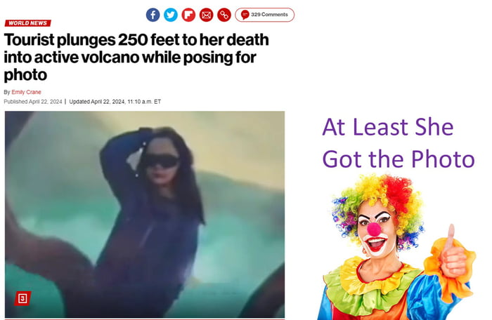 S 00000 e Tourist plunges 250 feet to her death into active volcano while posing for photo At Least She Got the Photo