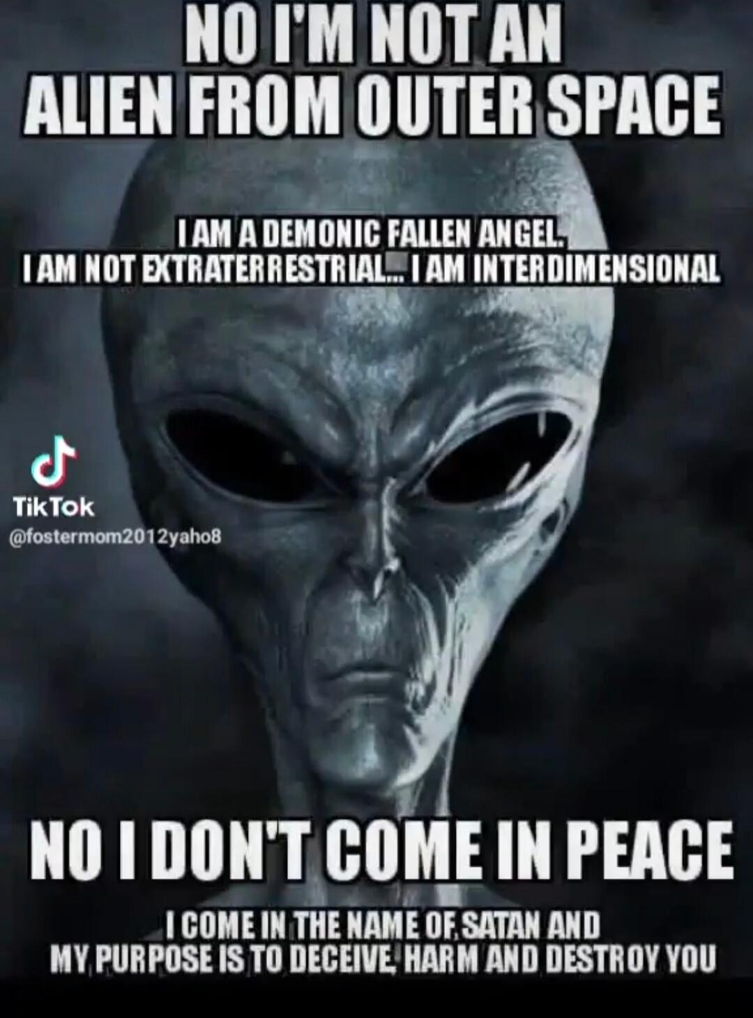 NO I'M NOT AN ALIEN FROM OUTER SPACE. I AM A DEMONIC FALLEN ANGEL. I AM NOT EXTRATERRESTRIAL... I AM INTERDIMENSIONAL. NO I DON'T COME IN PEACE. I COME IN THE NAME OF SATAN AND MY PURPOSE IS TO DECEIVE, HARM AND DESTROY YOU.