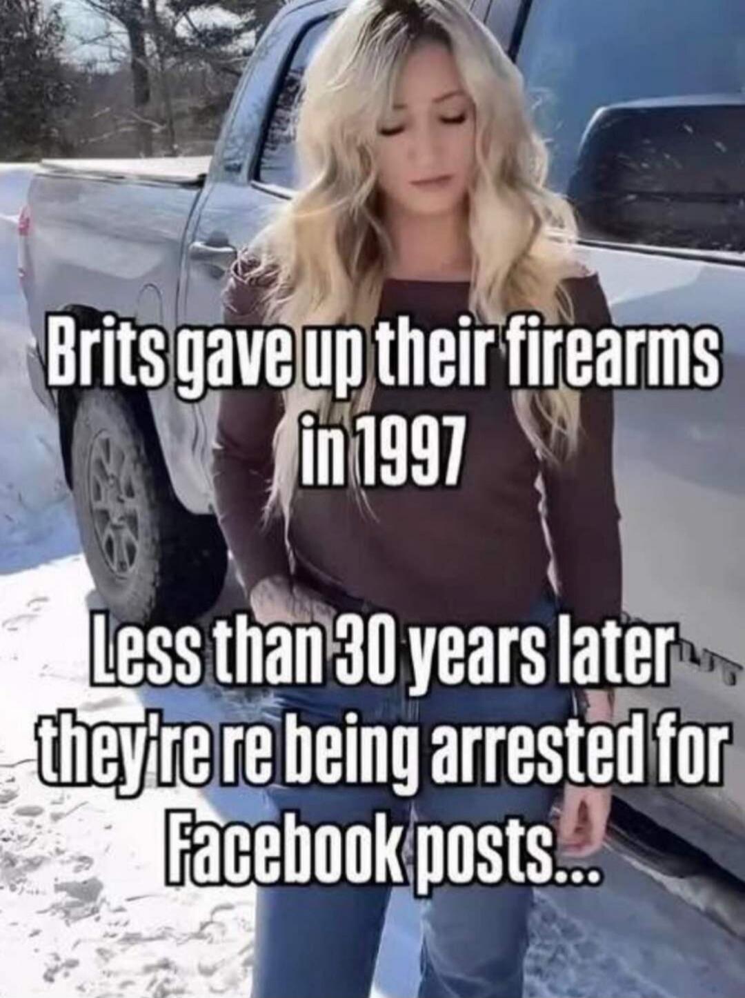 Brits gave up their firearms in 1997. Less than 30 years later they're being arrested for Facebook posts...