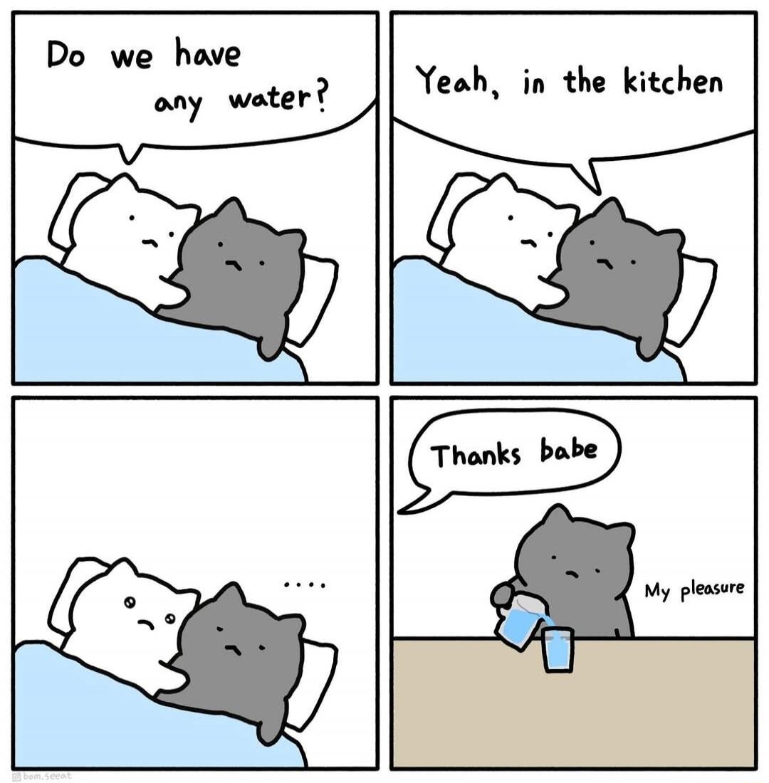 Do we have any water? Yeah, in the kitchen. Thanks babe. My pleasure.