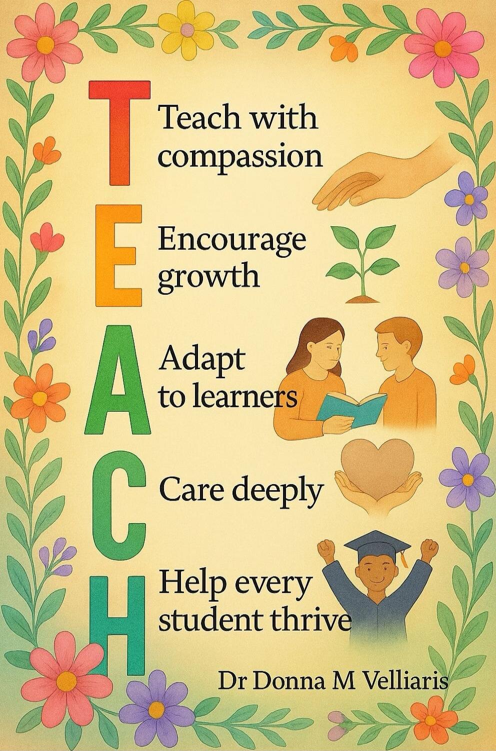 Teach with compassion
Encourage growth
Adapt to learners
Care deeply
Help every student thrive
Dr Donna M Velliaris