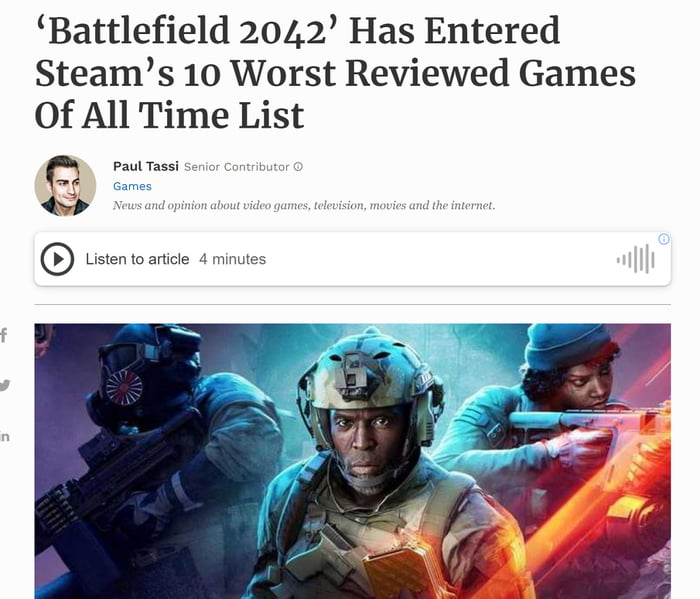 Battlefield 2042 Has Entered Steams 10 Worst Reviewed Games Of All Time List Listen to article 4 minutes