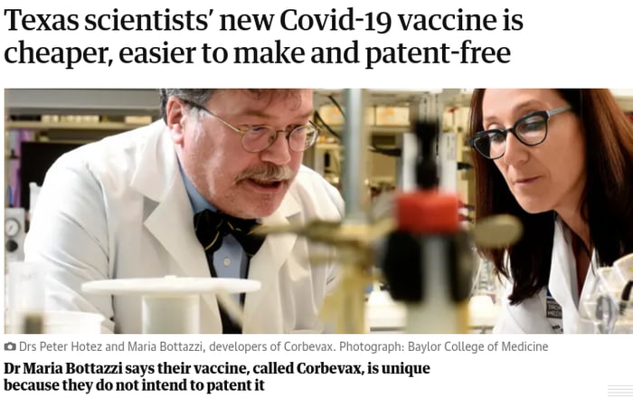 Texas scientists new Covid 19 vaccine is cheaper easier to make and patent free Drs Pete Dr Maria Bottazzi says their vaccine called Corbevax is unique because they do not intend to patent it otez and Maria Bottazzi developers of Corbevax Photograph Baylor College of Medicine