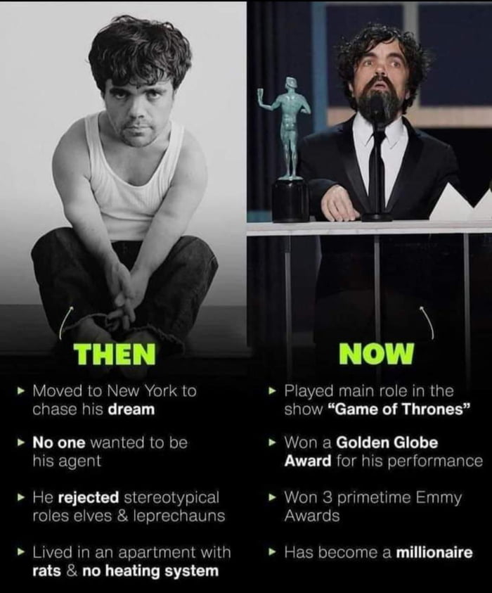 THEN Moved to New York to chase his dream No one wanted to be his agent REEGICIE CL IS EIETo Yol lok roles elves leprechauns Lived in an apartment with rats no heating system NOW Played main role in the show Game of Thrones Won a Golden Globe Award for his performance Won 3 primetime Emmy INTECH RECNElelelyycReN T IT ETI LY