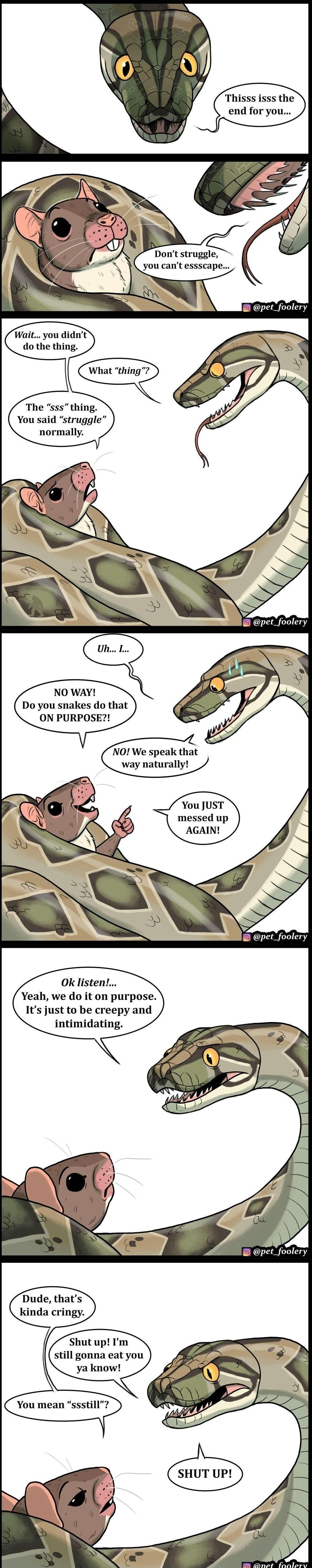 Dont struggle you cant essscape pet foolery Waityou didn do the thing The sss thing You said struggle normally NO WAY Do you snakes do that ON PURPOSE You JUST messed up foolery Ok listen Yeah we do it on purpose Its just to be creepy and intimidating Dude thats kinda cringy 7 shutupt rm stitt gonna eat you ya know