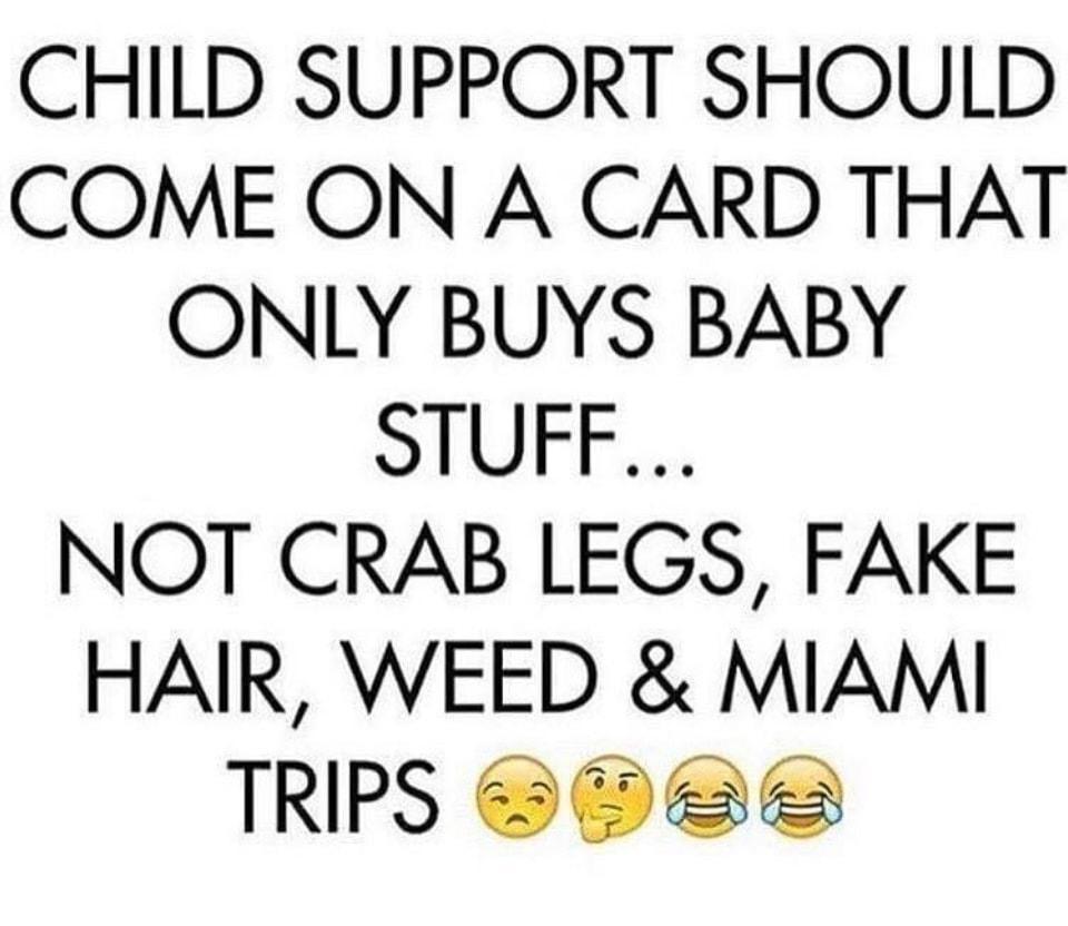 CHILD SUPPORT SHOULD COME ON A CARD THAT ONLY BUYS BABY STUFF NOT CRAB LEGS FAKE HAIR WEED MIAMI TRIPS 86