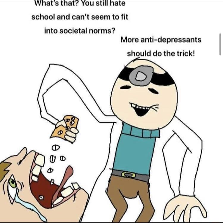 Whats that You still hate school and cant seem to fit into societal norms More anti depressants should do the trick