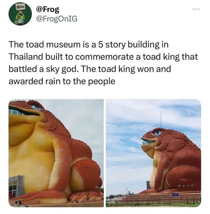 Frog FrogOnIG The toad museum is a 5 story building in Thailand built to commemorate a toad king that battled a sky god The toad king won and awarded rain to the people