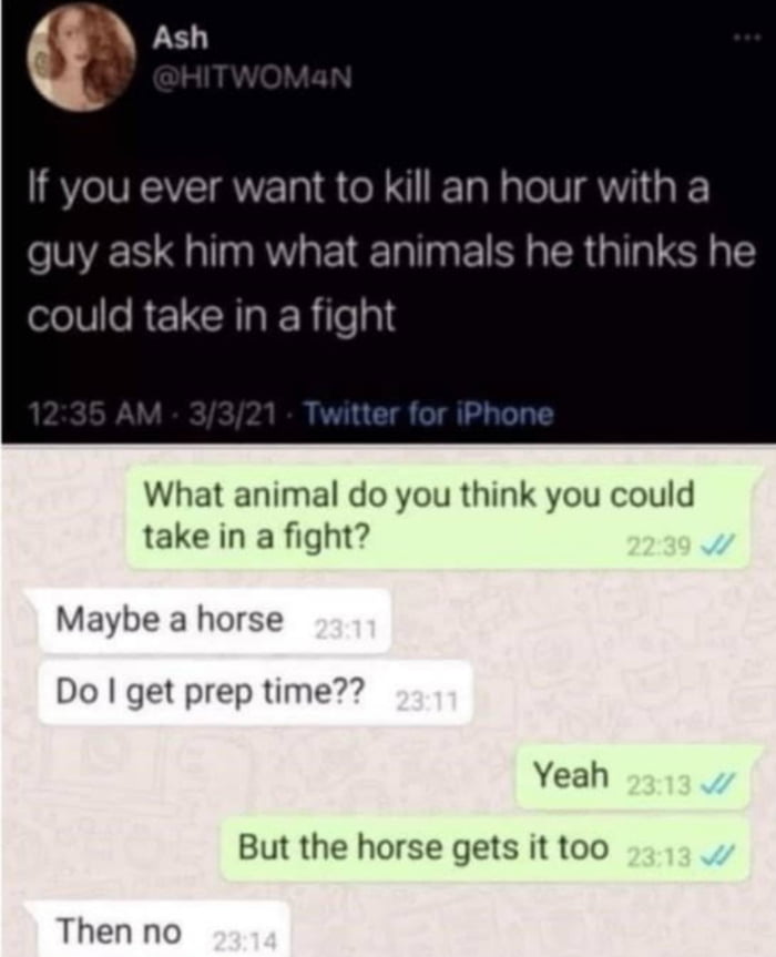What animal do you think you could take in a fight Maybe a horse Do get prep time Yeah But the hors Then no