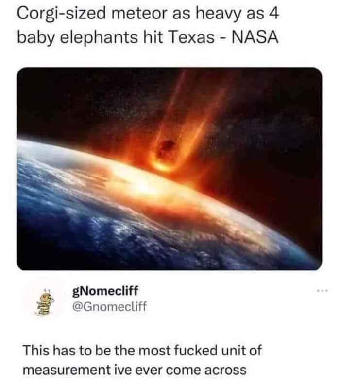 Corgi sized meteor as heavy as 4 baby elephants hit Texas NASA gNomecliff Gnomecliff This has to be the most fucked unit of measurement ive ever come across