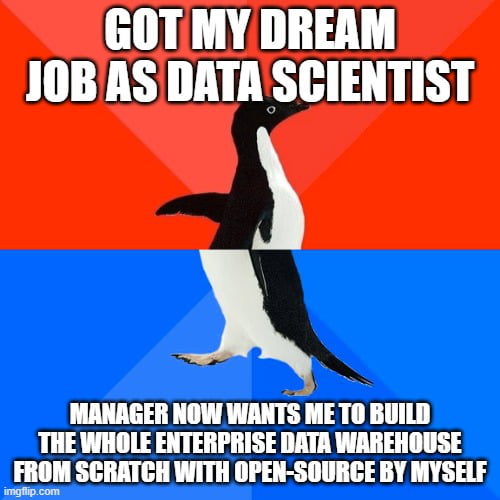 I JOBAS DATA SCIENTIST MANAGER NOW WANTS ME T0 BUILD THE WHOLE ENTERPRISE DATA WAREHOUSE E SCRATCH WITH OPEN SOURCE BY MYSELF