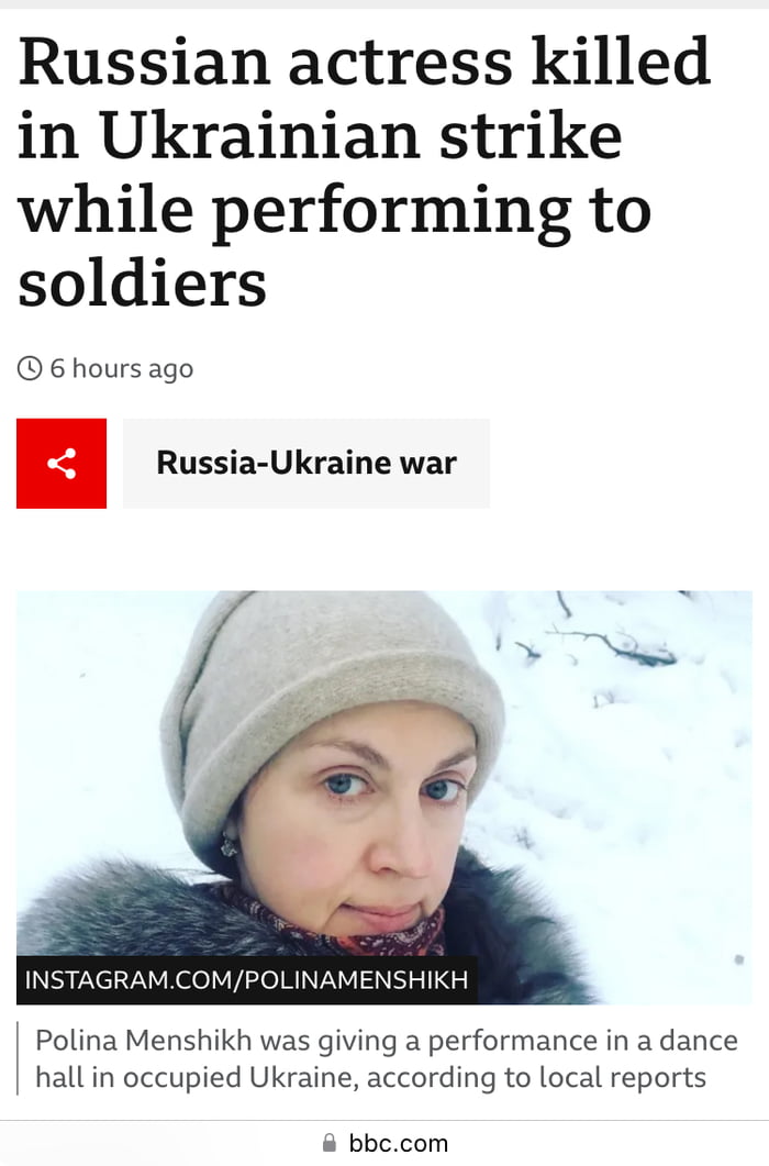 Russian actress killed in Ukrainian strike while performing to soldiers 6hours ago n Russia Ukraine war Polina Menshikh was giving a performance in a dance hall in occupied Ukraine according to local reports bbccom