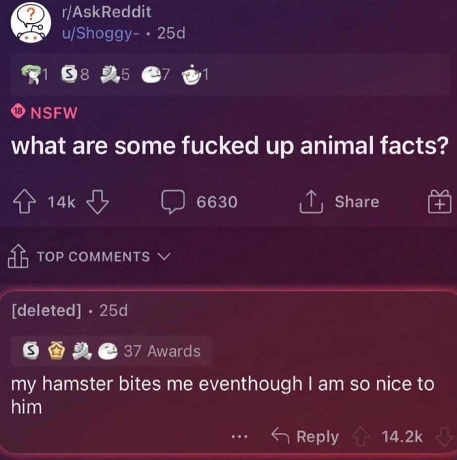 r/AskReddit u/Shoggy- • 25d NSFW what are some fucked up animal facts? [deleted] • 25d 37 Awards my hamster bites me eventhough I am so nice to him