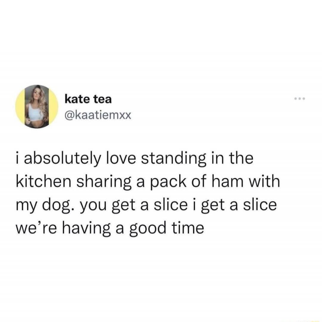 i absolutely love standing in the kitchen sharing a pack of ham with my dog. you get a slice i get a slice we’re having a good time
