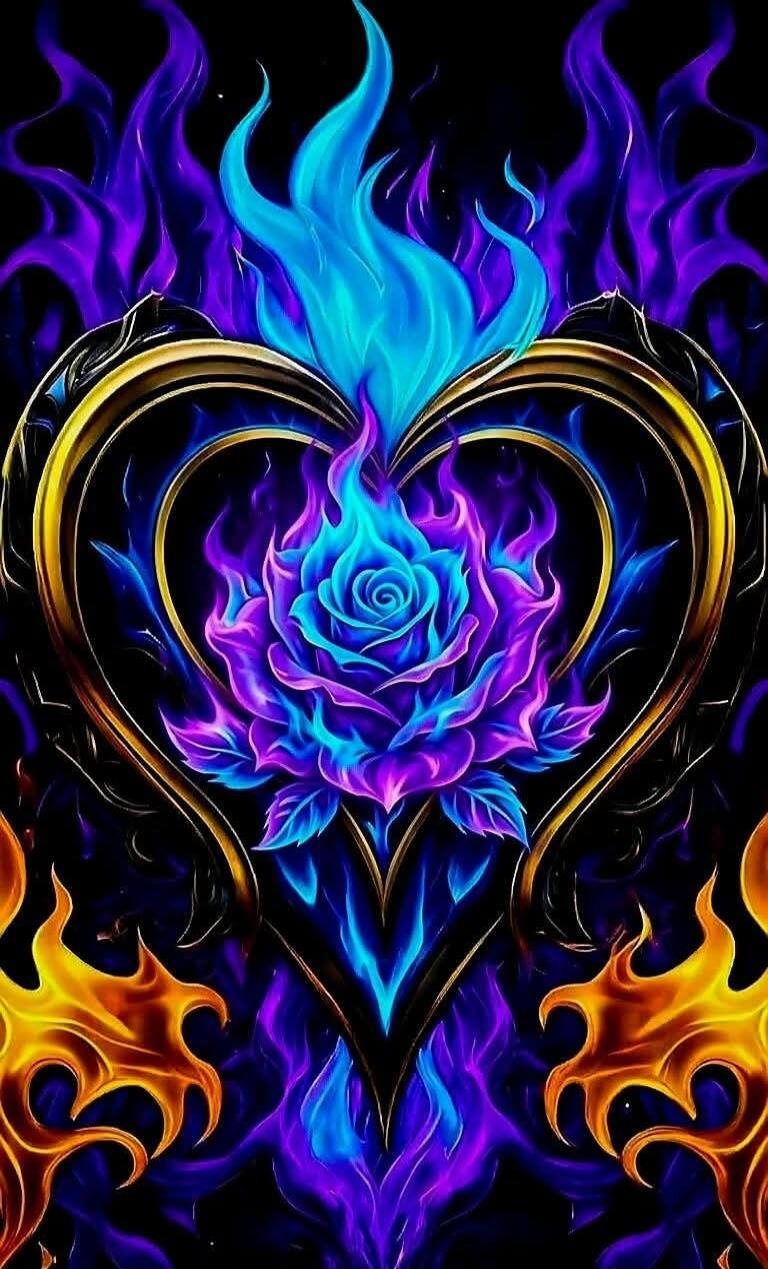 A beautiful rose engulfed in blue and purple flames, framed by a golden heart-shaped structure. The background is dark with hints of fire.