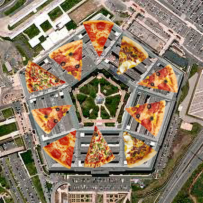A circular building with pizza slices arranged around it, created as a humorous aerial edit.