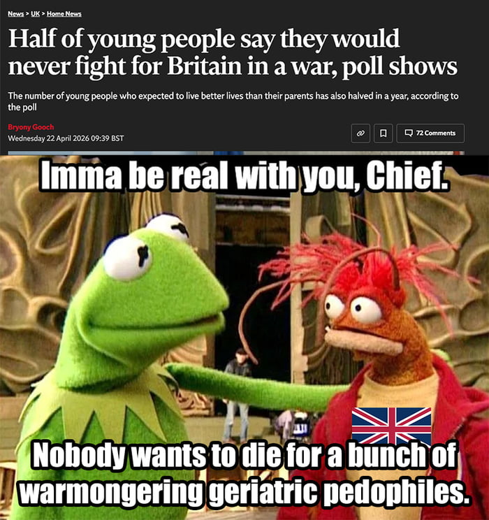 Half of young people say they would never fight for Britain in a war, poll shows. The number of young people who expected to live better lives than their parents has also halved in a year, according to the poll. Imma be real with you, Chief. Nobody wants to die for a bunch of warmongering geriatric pedophiles.