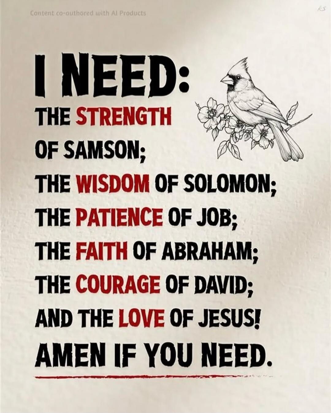 I NEED: THE STRENGTH OF SAMSON; THE WISDOM OF SOLOMON; THE PATIENCE OF JOB; THE FAITH OF ABRAHAM; THE COURAGE OF DAVID; AND THE LOVE OF JESUS! AMEN IF YOU NEED.