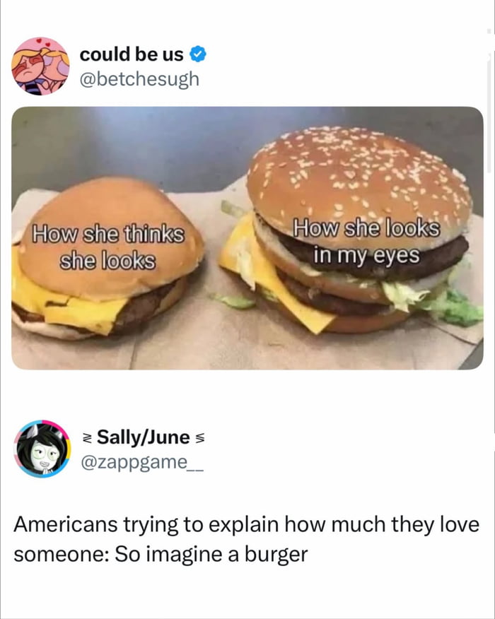 How she thinks she looks
How she looks in my eyes
Americans trying to explain how much they love someone: So imagine a burger