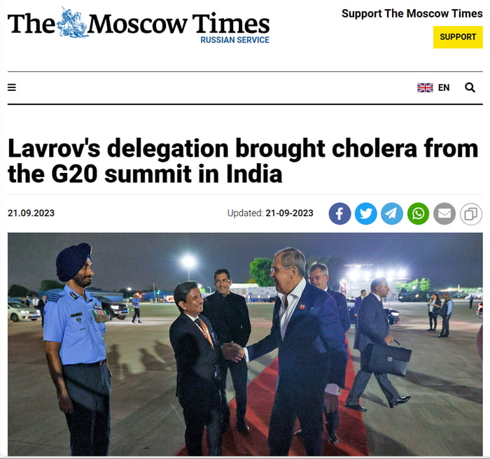 Support The Moscow Times mo Q The Moscow Times Lavrovs delegation brought cholera from the G20 summit in India N2 pones noszees 0