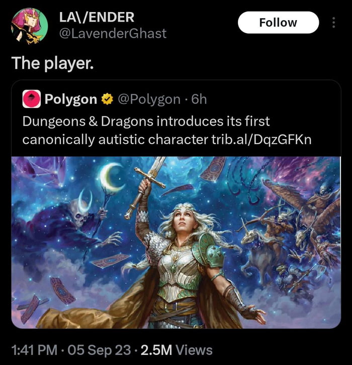 WAV Foll X LavenderGhast The player Polygon Polygon 6h Dungeons Dragons introduces its first canonically autistic character tribalDqzGFKn 141PM 05 Sep 23 26M Views