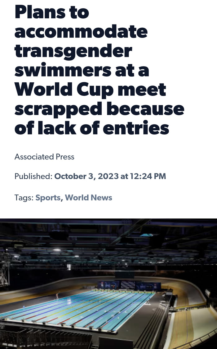 Plans to accommodate transgender swimmers ata World Cup meet scrapped because of lack of entries Associated Press Published October 3 2023 at 1224 PM Tags Sports World News