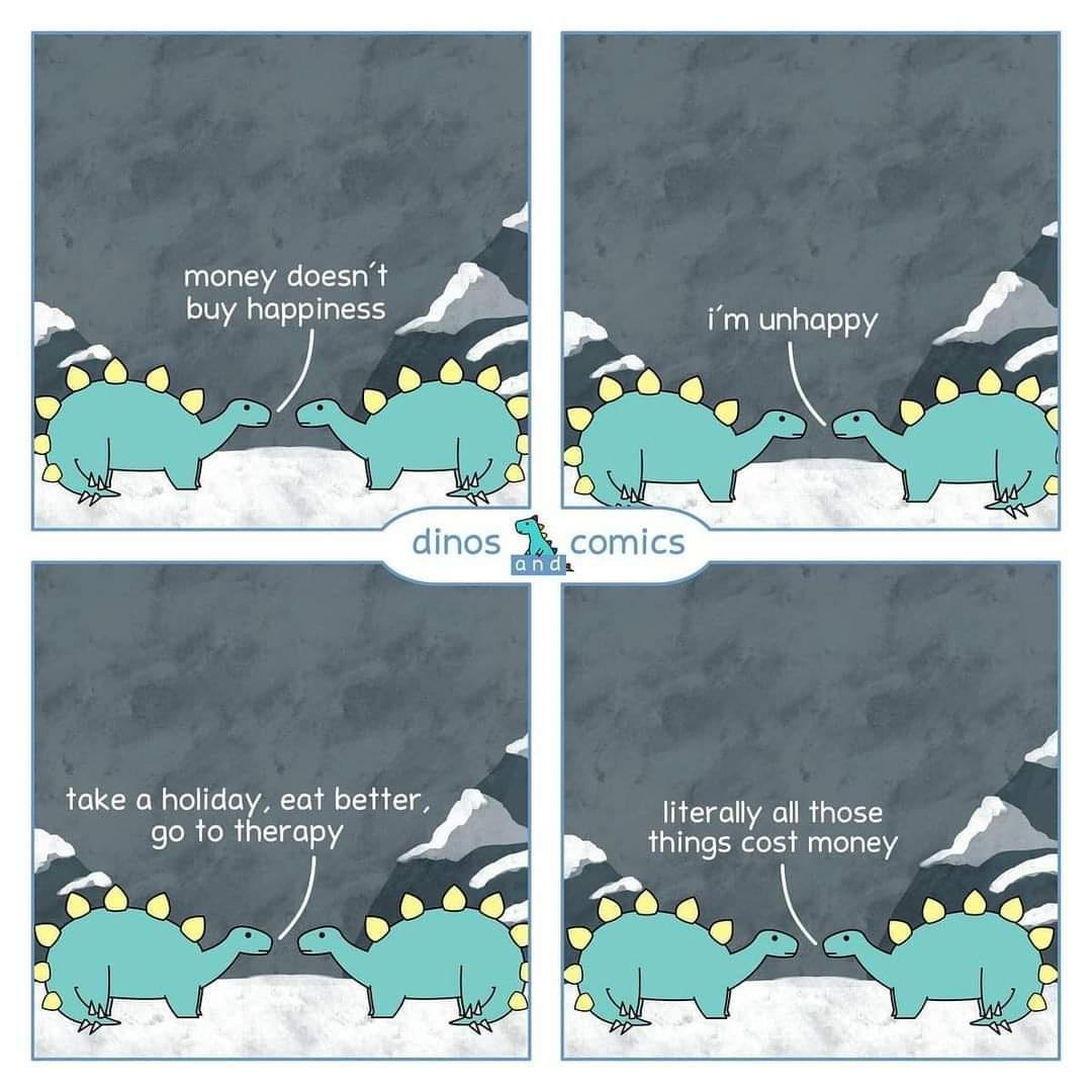 money doesnt buy happiness 2 im unhappy 0 S o x A take a holiday eat better literally all those go to therapy things cost money YRS 9 2 C