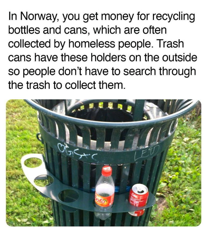 In Norway you get money for recycling bottles and cans which are often collected by homeless people Trash cans have these holders on the outside so people dont have to search through the trash to collect them