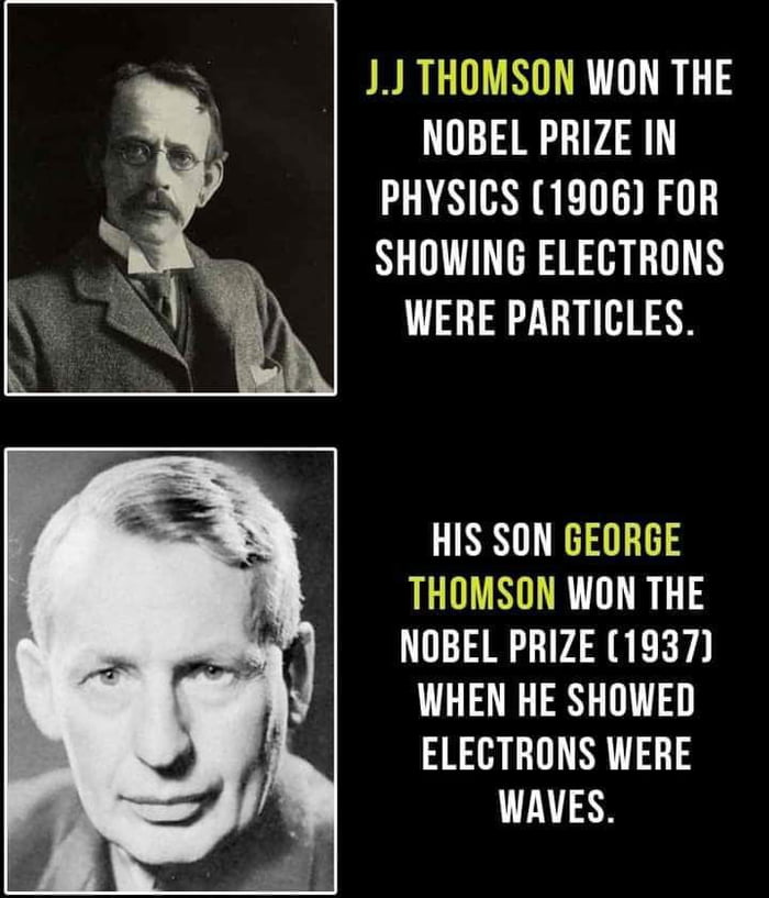 JJ THOMSON WON THE NOBEL PRIZE IN PHYSICS 1906 FOR SHOWING ELECTRONS WERE PARTICLES HIS SON GEORGE THOMSON WON THE NOBEL PRIZE 1937 WHEN HE SHOWED ELECTRONS WERE WAVES