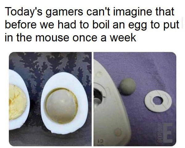 Todays gamers cant imagine that before we had to boil an egg to put in the mouse once a week