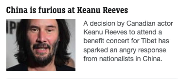 China is furious at Keanu Reeves A decision by Canadian actor Keanu Reeves to attend a benefit concert for Tibet has sparked an angry response from nationalists in China