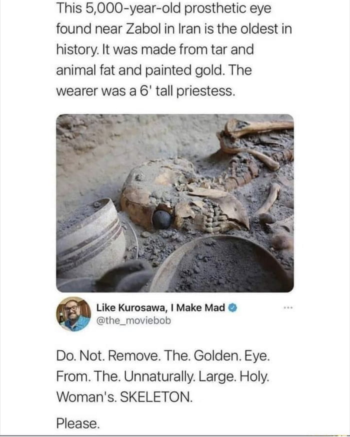 This 5000 year old prosthetic eye found near Zabol in Iran is the oldest in history It was made from tar and animal fat and painted gold The wearer was a 6 tall priestess Like Kurosawa Make Mad the_moviebob Do Not Remove The Golden Eye From The Unnaturally Large Holy Womans SKELETON Please