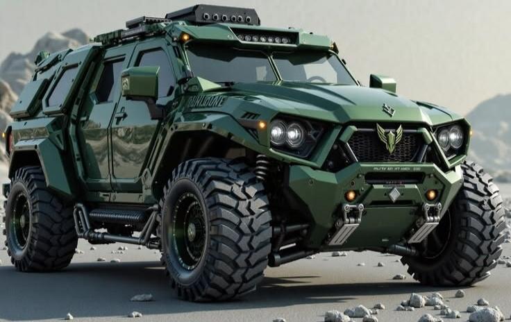 DARKLONE MILITARY ART MT 200. A powerful, green, armored off-road vehicle with large, rugged tires, designed for challenging terrains.
