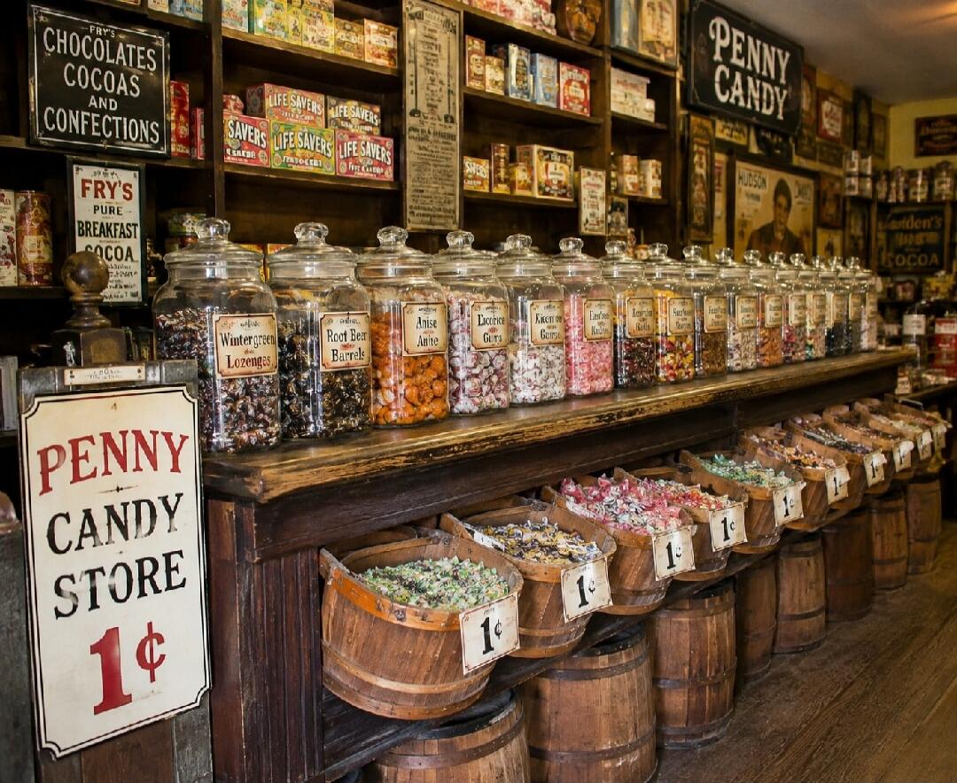 CHOCOLATES COCOAS AND CONFECTIONS, FRY'S PURE BREAKFAST COCOA, LIFE SAVERS, PENNY CANDY, HUDSON, PENNY CANDY STORE, 1¢, Wintergreen Lozenges, Root Beer Barrels, Anise, Licorice Gums, Kisses, Red Hots, Sugar Babies, Candy Corn, Peppermint Sticks, Lemon Drops, Butterscotch, Caramel, Taffy