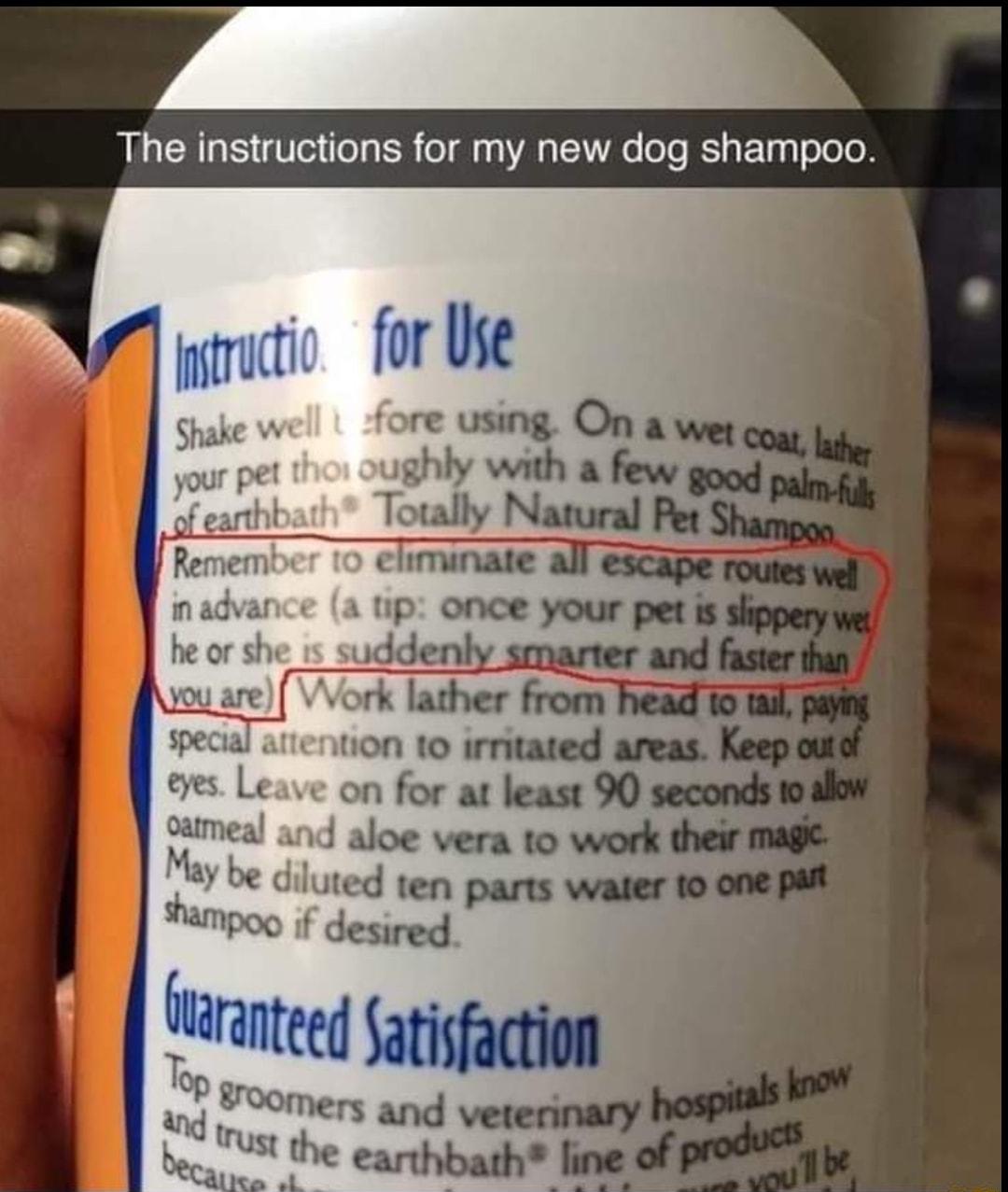 _ The instructions for my new dog shampoo i Remember 10 W in advance he or she cameal and aloe vera to work their May be d mud ten parts walter o of