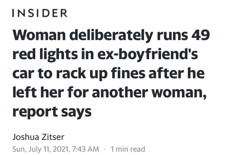 INSIDER Woman deliberately runs 49 red lights in ex boyfriends car to rack up fines after he left her for another woman report says Joshua Zitser Sun July 11 2021 743 AM 1 min read