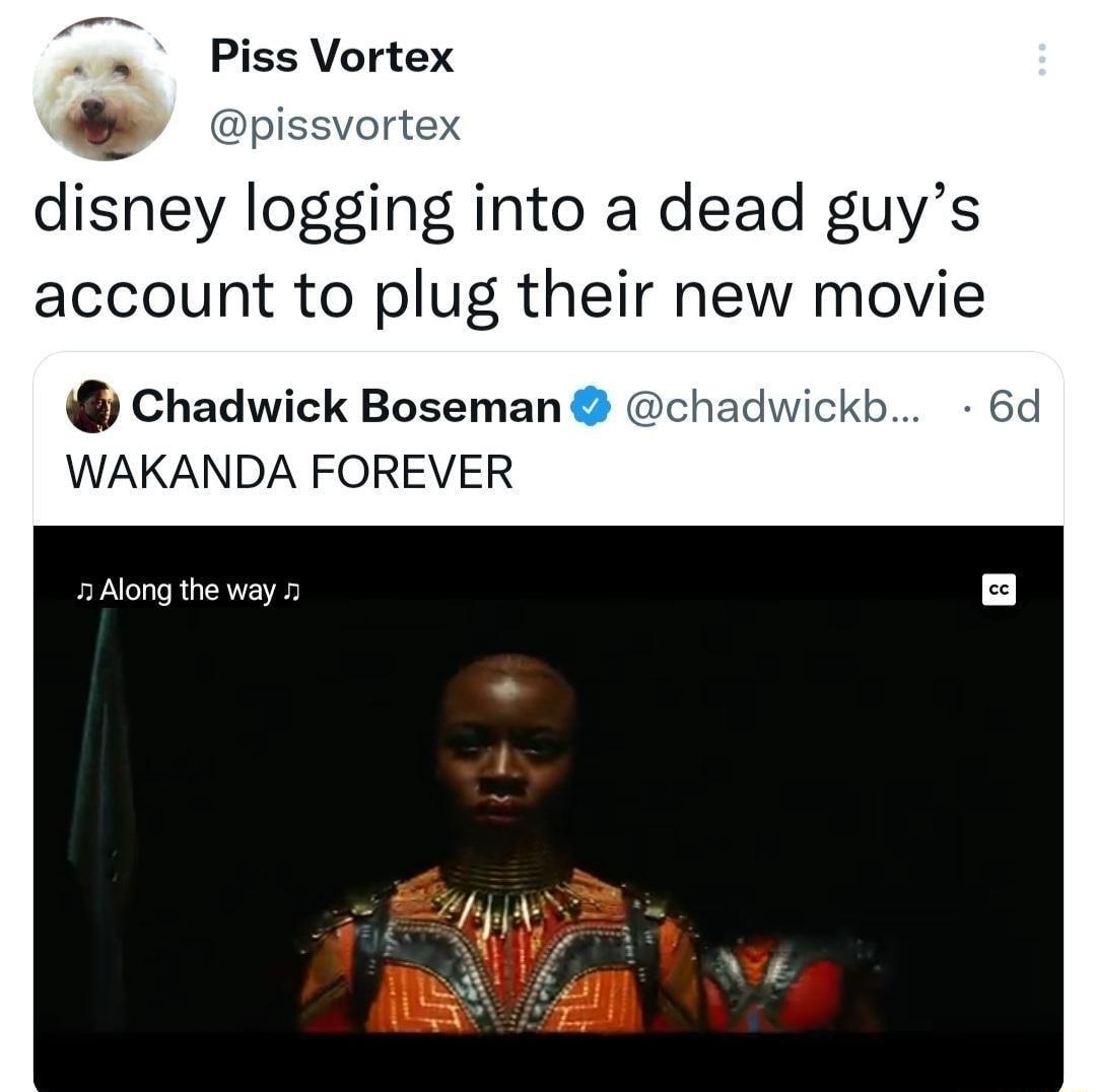 Piss Vortex ortex disney logging into a dead guys account to plug their new movie Chadwick Boseman WAKANDA FOREVER 2 long the way