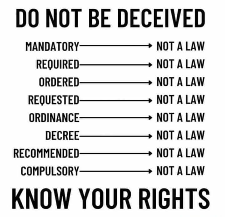 DO NOT BE DECEIVED MANDATORY NOT A LAW REQUIRED NOT A LAW ORDERED NOT A LAW REQUESTED NOT A LAW ORDINANCE NOT A LAW DECREE NOT A LAW RECOMMENDED NOT A LAW COMPULSORY NOT A LAW KNOW YOUR RIGHTS