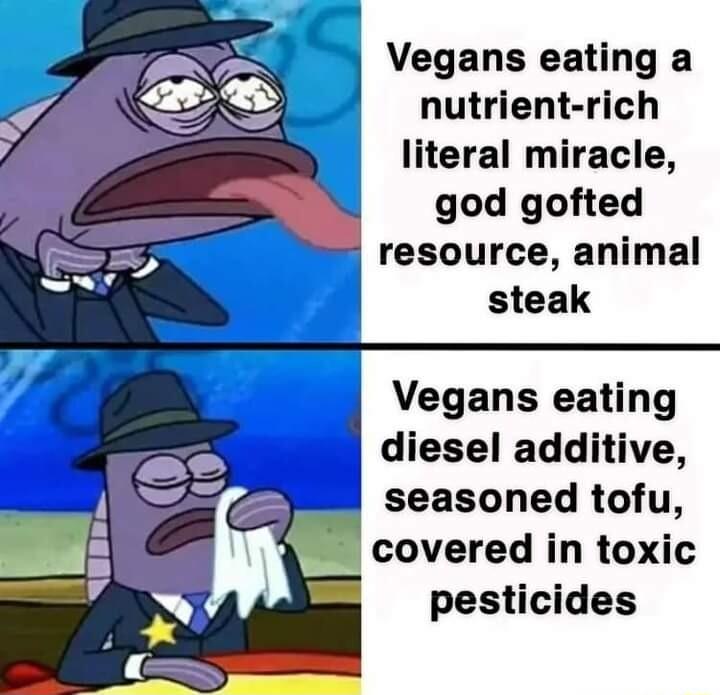 Vegans eating a nutrient rich literal miracle god gofted resource animal Vegans eating diesel additive seasoned tofu covered in toxic pesticides