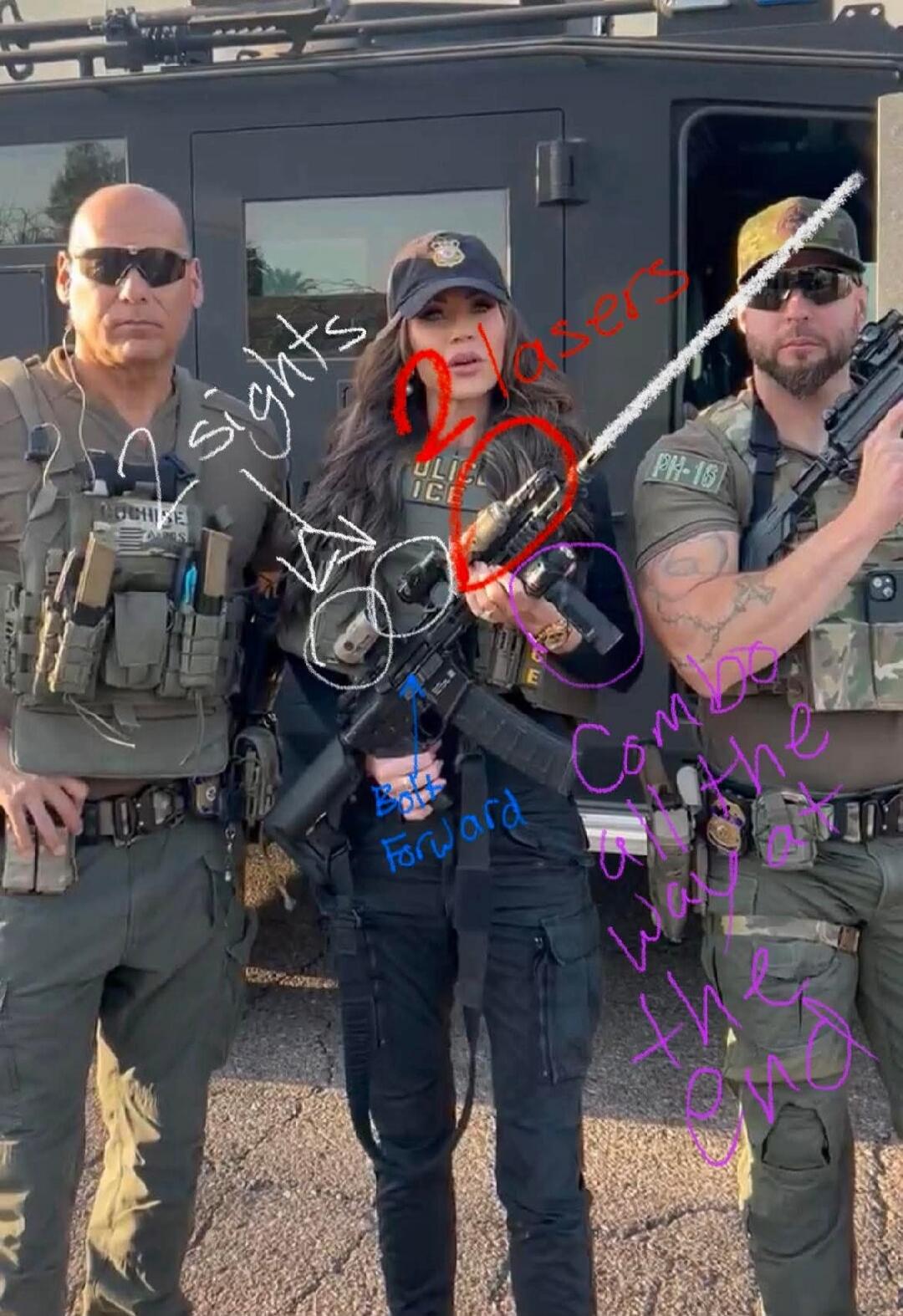 SIGHTS; FORWARD; circled area annotated in red; purple annotations around weapon; white annotation arrows