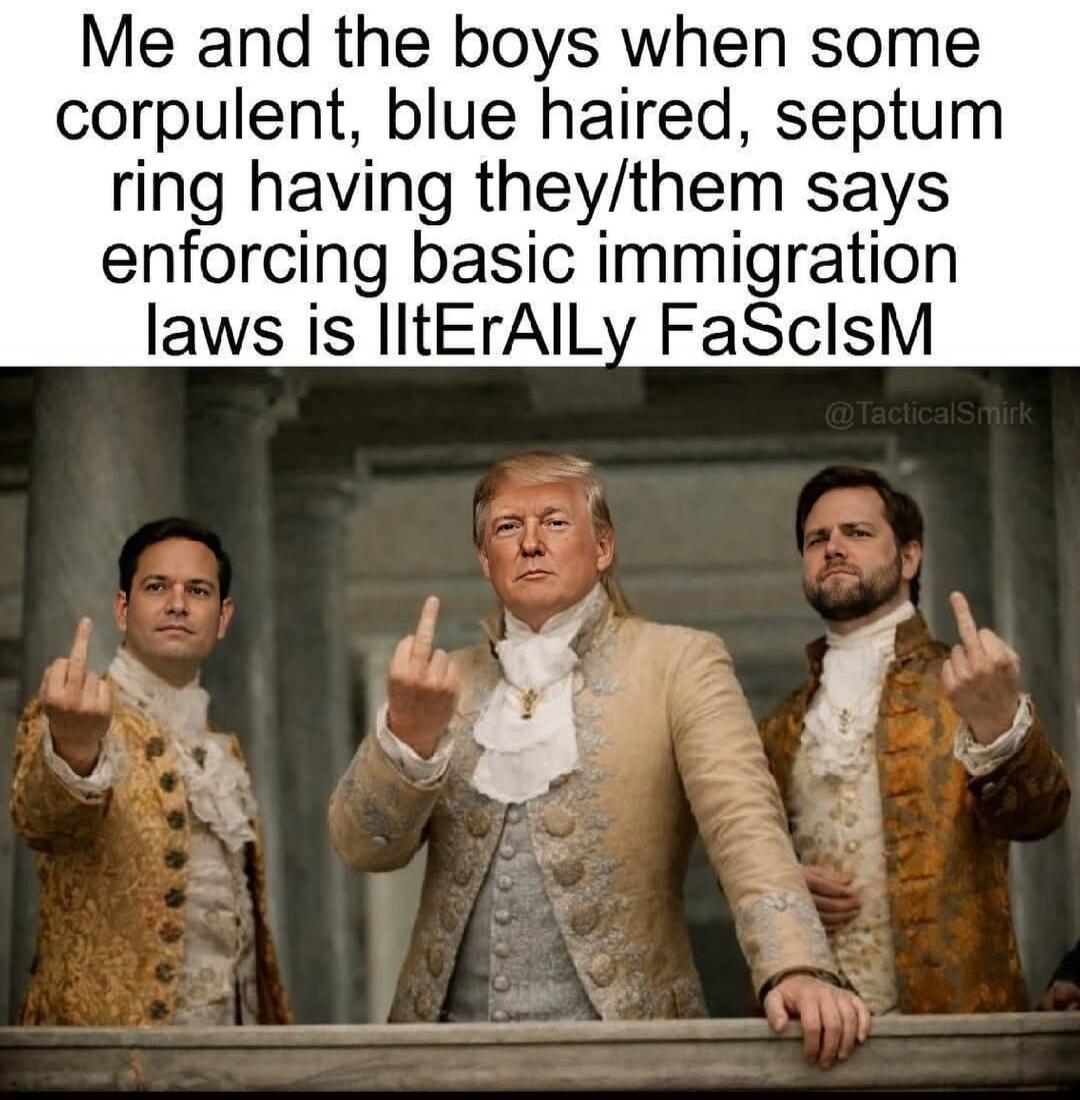 Me and the boys when some corrupt, blue haired, septum ring having they/them says enforcing basic immigration laws is illegal fascism