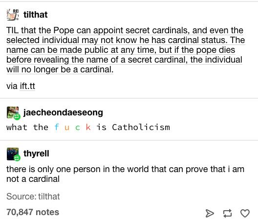 15 tilthat TIL that the Pope can appoint secret cardinals and even the selected individual may not know he has cardinal status The name can be made public at any time but if the pope dies before revealing the name of a secret cardinal the individual will no longer be a cardinal via ifttt 5 jaecheondaeseong what the f u k is Catholicism thyrell there is only one person in the world that can prove t