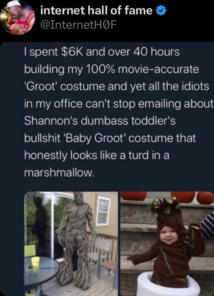 internet hall of fame QGIEGEES I spent 6K and over 40 hours building my 100 movie accurate Groot costume and yet all the idiots in my office cant stop emailing about Shannons dumbass toddlers bullshit Baby Groot costume that honestly looks like a turd in a IEIC IO