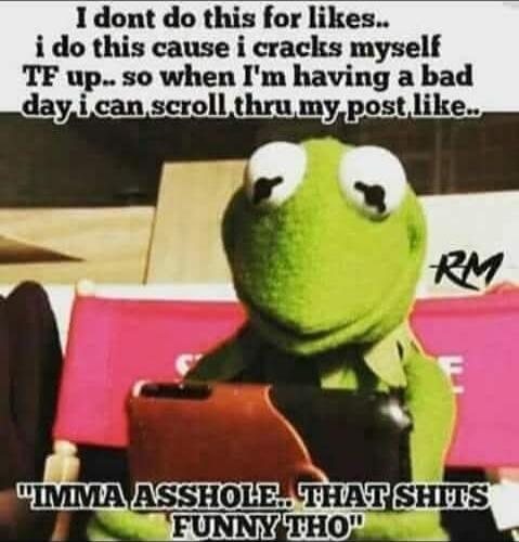 I dont do this for likes.. i do this cause i cracks myself TF up.. so when I'm having a bad day i can scroll thr[u]h my post like..
