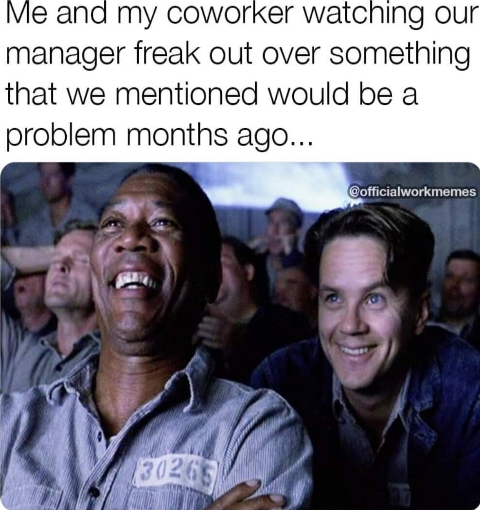 Vle and my coworker watching our manager freak out over something that we mentioned would be a problem months ago