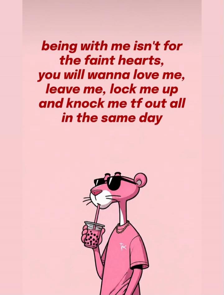 being with me isn't for the faint hearts, you will wanna love me, leave me, lock me up and knock me tf out all in the same day
