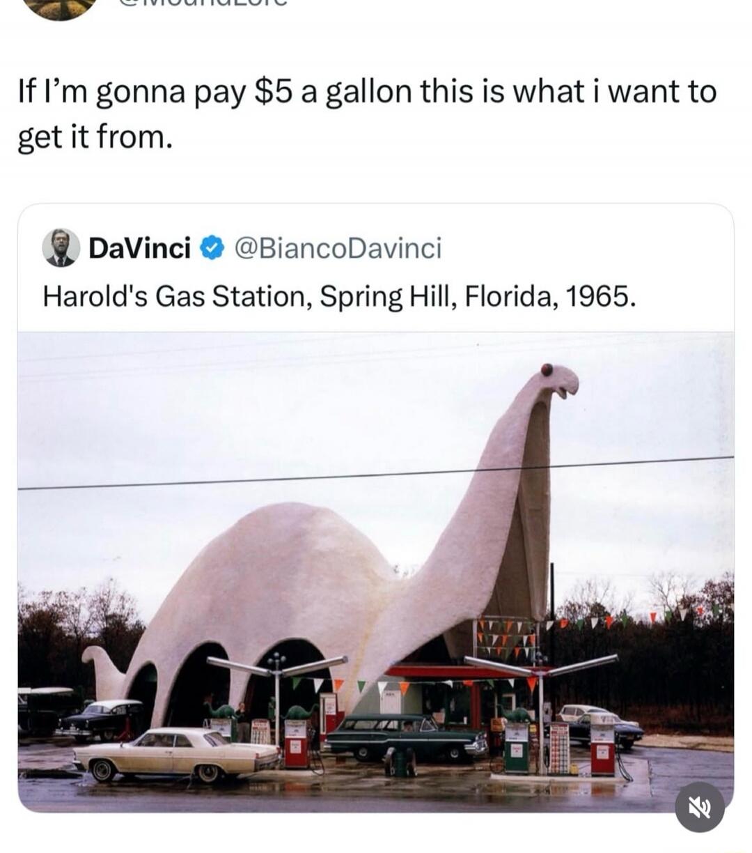 If I'm gonna pay $5 a gallon this is what i want to get it from. DaVinci @BiancoDavinci Harold's Gas Station, Spring Hill, Florida, 1965.