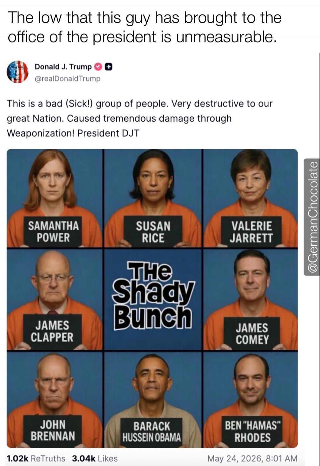 The low that this guy has brought to the office of the president is unmeasurable. Donald J. Trump @realDonaldTrump This is a bad (Sick!) group of people. Very destructive to our great Nation. Caused tremendous damage through Weaponization! President DJT. Samantha Power, Susan Rice, Valerie Jarrett, James Clapper, The Shady Bunch, James Comey, John 