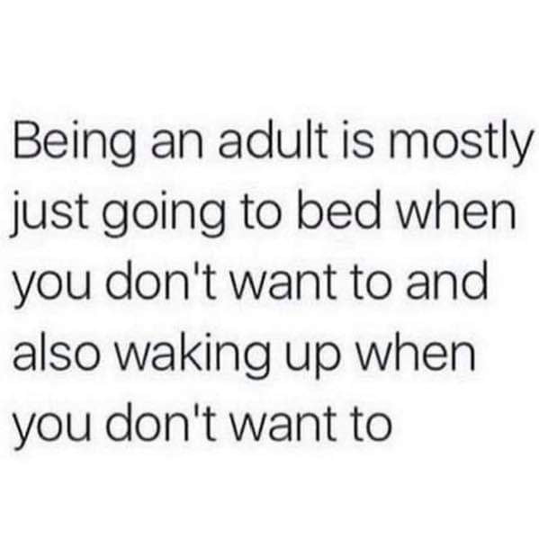 Being an adult is mostly just going to bed when you dont want to and also waking up when you dont want to