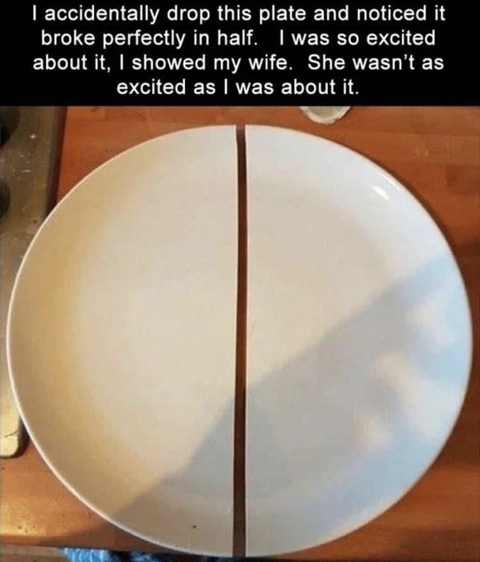 accidentally drop this plate and noticed it broke perfectly in half was so excited about it showed my wife She wasnt as DCIELERRERELLT 1S